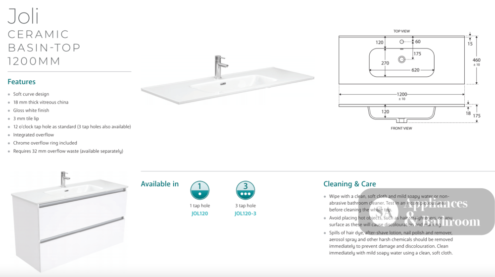 Fienza JOL120RW 1200 Joli Alina Satin White Wall-Hung Vanity - Vanity Units