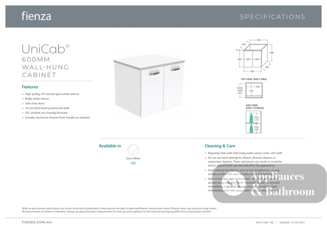 Fienza JOL60J Joli Unicab 600mm Wall Hung Vanity Gloss White - Vanity Units