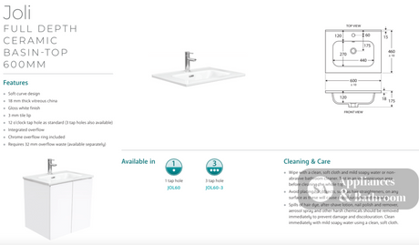 Fienza JOL60M Joli Mila 600mm Wall Hung Vanity Satin White - Vanity Units