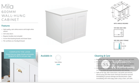Fienza JOL60M Joli Mila 600mm Wall Hung Vanity Satin White - Vanity Units