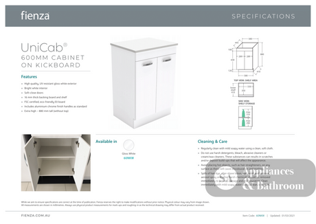 Fienza JOL60NKW-3 (3 Taphole) Joli Unicab 600mm Vanity on Kickboard Gloss White - Vanity Units