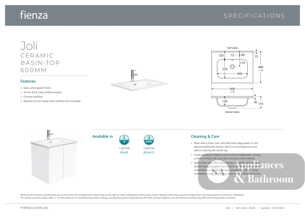 Fienza JOL60NKW-3 (3 Taphole) Joli Unicab 600mm Vanity on Kickboard Gloss White - Vanity Units