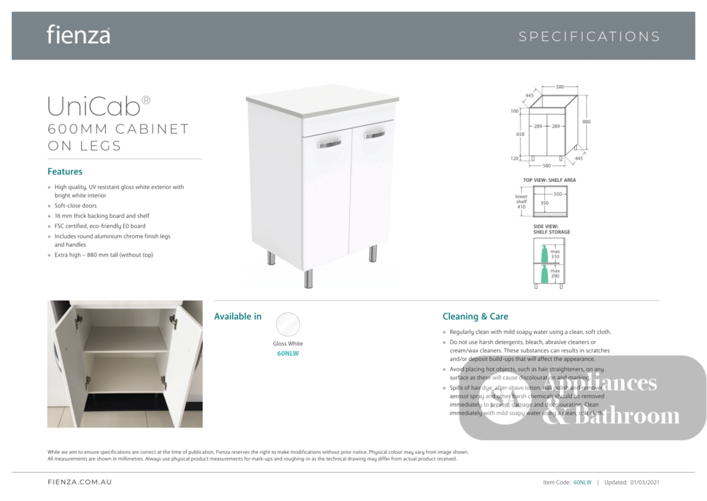 Fienza JOL60NLW Joli Unicab 600mm Vanity on Legs Gloss White - Vanity Units