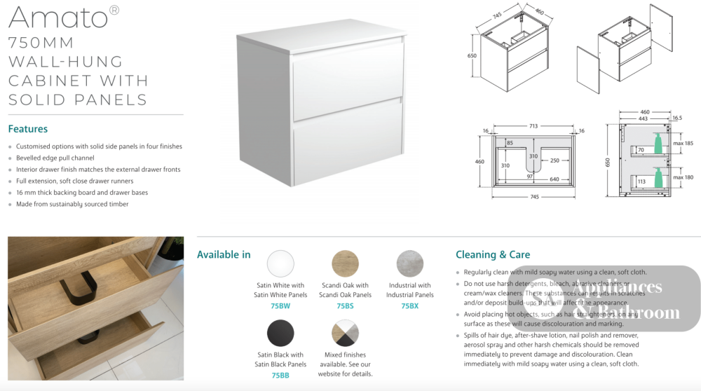 Fienza JOL75BW Joli 750mm Satin White Wall Hung Vanity 1 Taphole - Vanity Units