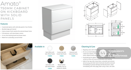Fienza JOL75BWK Joli 750mm Vanity On Kickboard 1 Taphole Satin White - Vanity Units