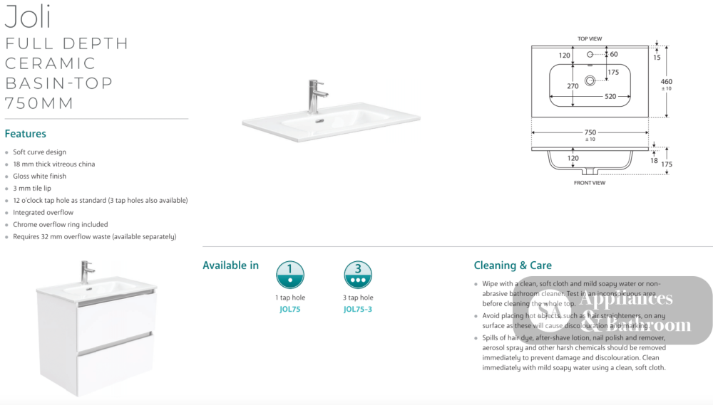 Fienza JOL75BWK Joli 750mm Vanity On Kickboard 1 Taphole Satin White - Vanity Units