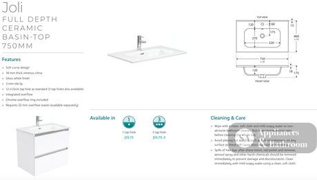 Fienza JOL75BWK Joli 750mm Vanity On Kickboard 1 Taphole Satin White - Vanity Units