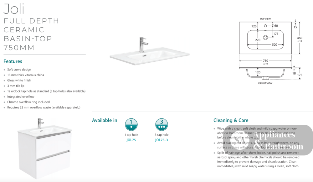 Fienza JOL75MR Joli Mila 750mm Wall Hung Vanity Unit Right Drawers White - Vanity Units