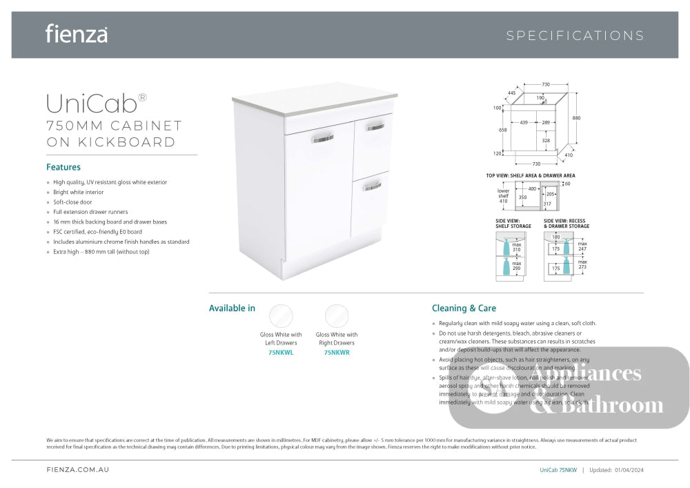 Fienza JOL75NKWR Joli Unicab 750 Vanity On Kickboard Right Drawers