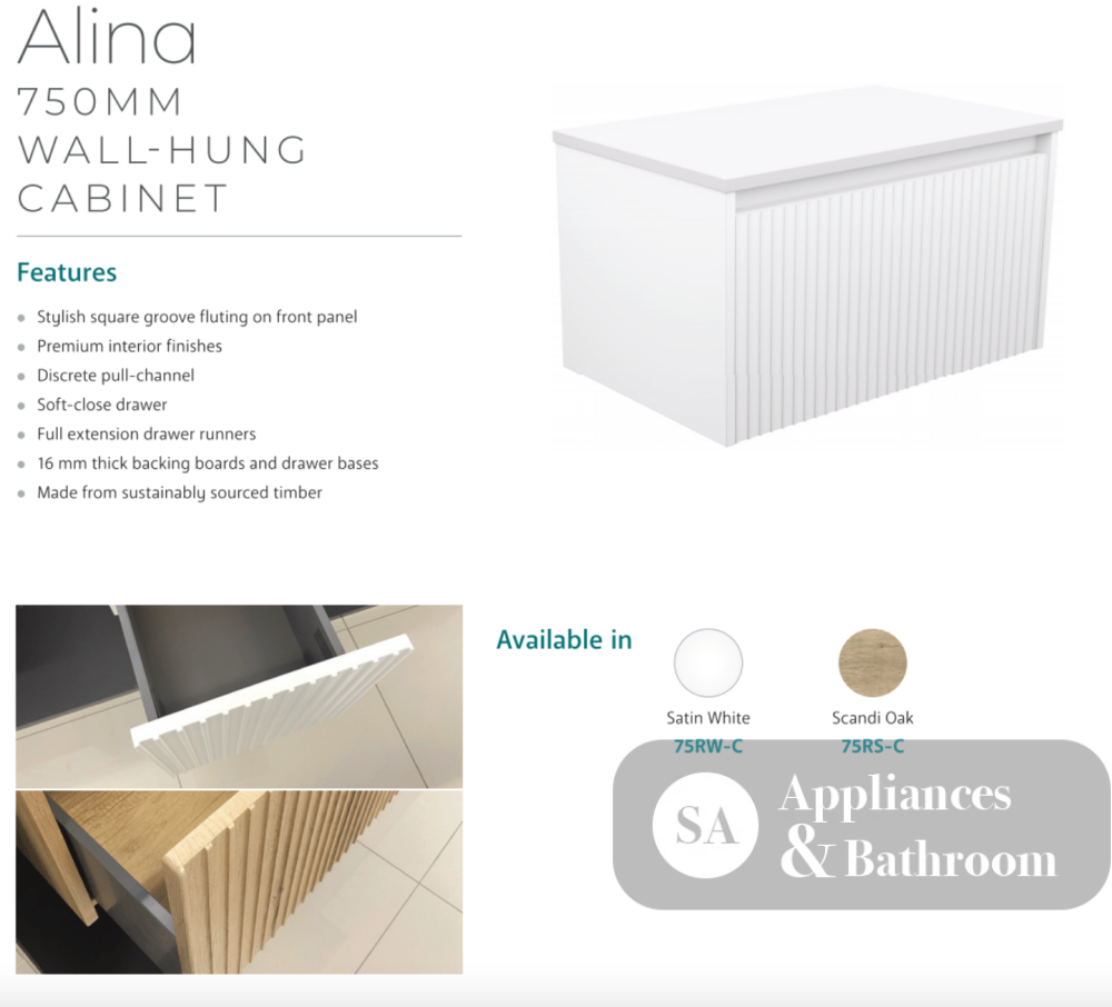 Fienza JOL75RW Joli Alina White 750 Wall-Hung Vanity - Vanity Units