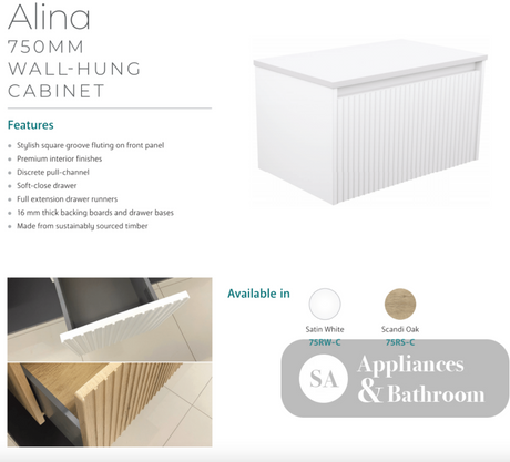 Fienza JOL75RW Joli Alina White 750 Wall-Hung Vanity - Vanity Units