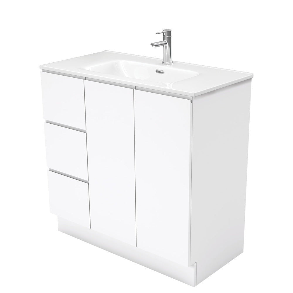 Fienza JOL90CL 900mm Joli Fingerpull Bathroom Vanity on Kickboard Left Drawers Gloss White - Vanity Units