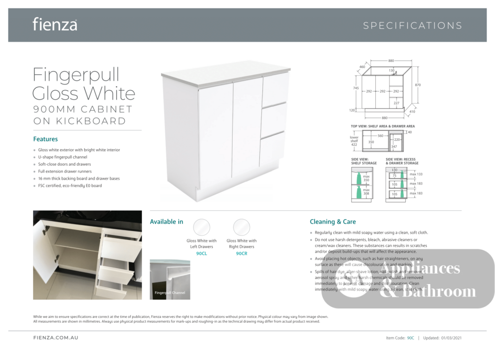 Fienza JOL90CL 900mm Joli Fingerpull Bathroom Vanity on Kickboard Left Drawers Gloss White - Vanity Units