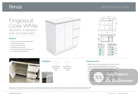 Fienza JOL90CR 900mm Joli Fingerpull Bathroom Vanity on Kickboard Right Drawers Gloss White - Vanity Units