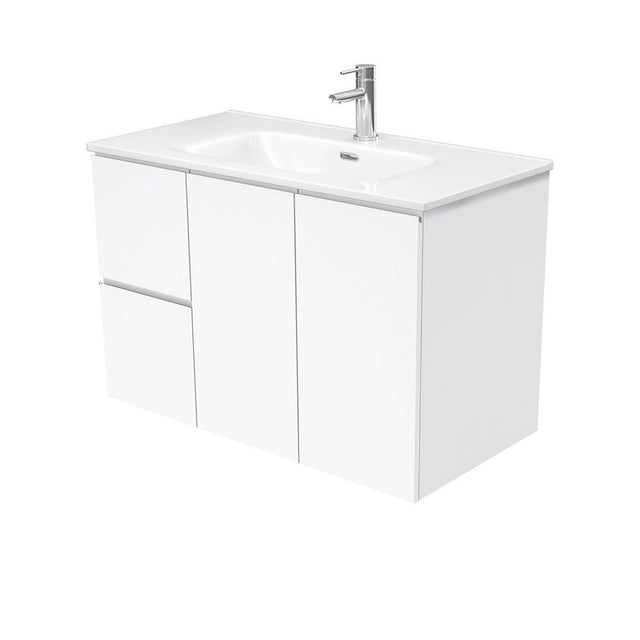 Fienza JOL90FL 900mm Joli Wall Hung Fingerpull Bathroom Vanity Left Drawers Gloss White - Vanity Units