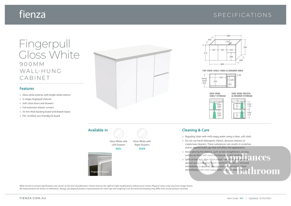 Fienza JOL90FL 900mm Joli Wall Hung Fingerpull Bathroom Vanity Left Drawers Gloss White - Vanity Units