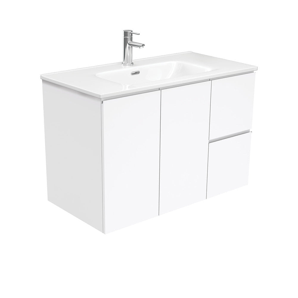 Fienza JOL90FR 900mm Joli Wall Hung Fingerpull Bathroom Vanity Right Drawers Gloss White - Vanity Units