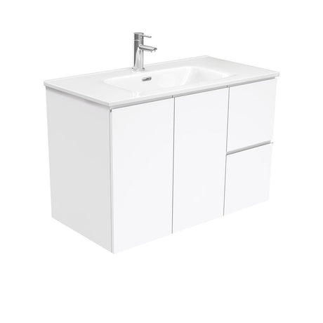 Fienza JOL90FR 900mm Joli Wall Hung Fingerpull Bathroom Vanity Right Drawers Gloss White - Vanity Units