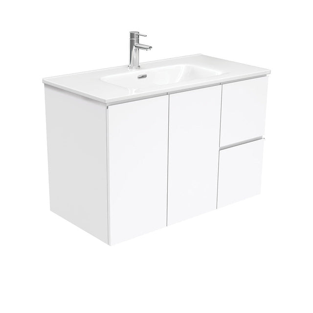 Fienza JOL90FR 900mm Joli Wall Hung Fingerpull Bathroom Vanity Right Drawers Gloss White - Vanity Units