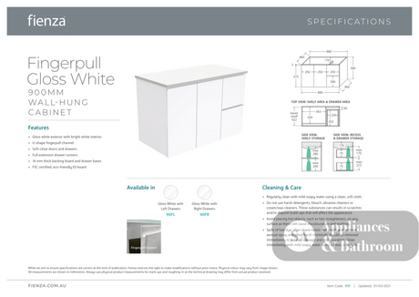 Fienza JOL90FR 900mm Joli Wall Hung Fingerpull Bathroom Vanity Right Drawers Gloss White - Vanity Units