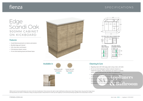 Fienza JOL90SKR 900mm Joli Fingerpull Vanity Right Drawers Scandi Oak - Vanity Units