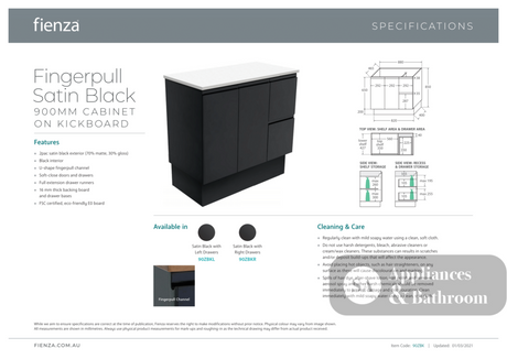Fienza JOL90ZBKL 900mm Joli Fingerpull Vanity on Kickboard Left Drawers Satin Black - Vanity Units