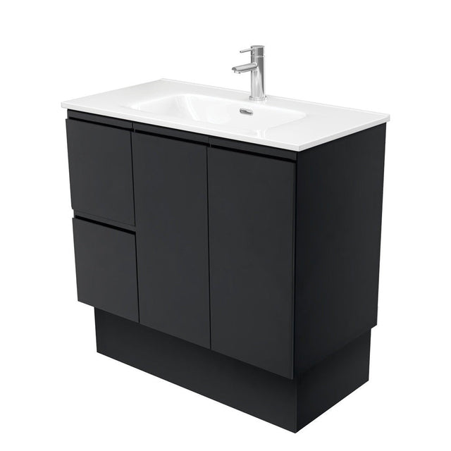 Fienza JOL90ZBKL 900mm Joli Fingerpull Vanity on Kickboard Left Drawers Satin Black - Vanity Units