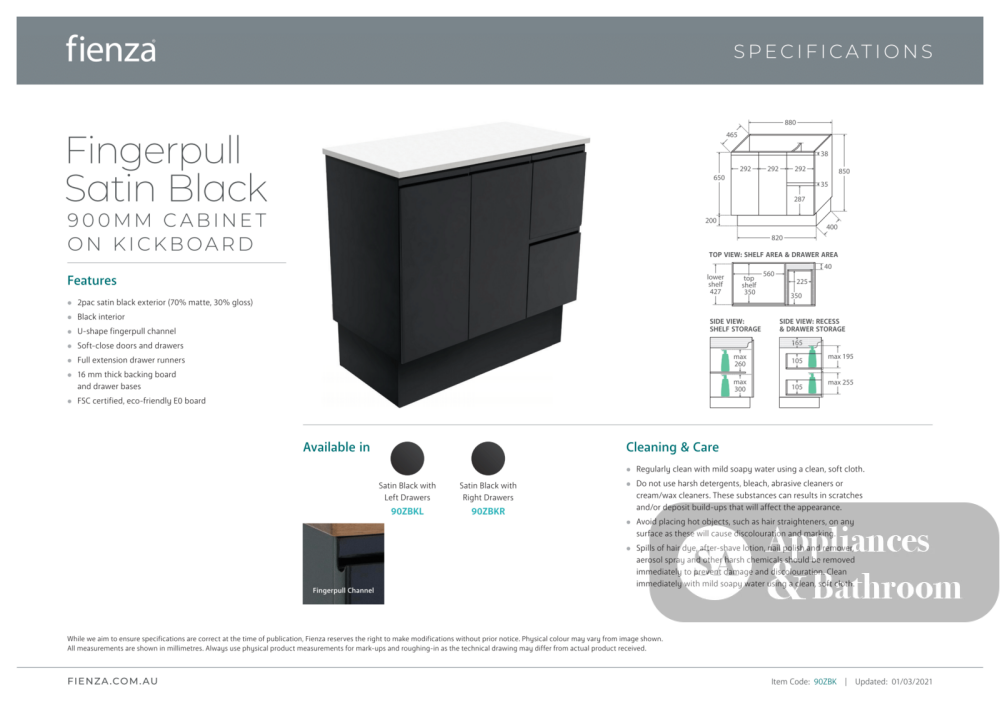 Fienza JOL90ZBKR 900mm Joli Fingerpull Vanity on Kickboard Right Drawers Satin Black - Vanity Units