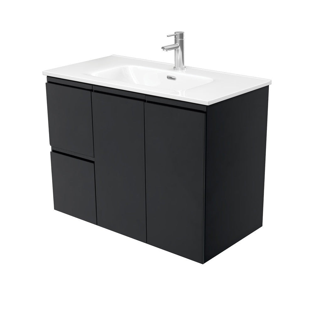 Fienza JOL90ZBL 900mm Joli Fingerpull Wall-Hung Vanity Left Drawers Satin Black - Vanity Units