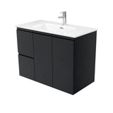 Fienza JOL90ZBL 900mm Joli Fingerpull Wall-Hung Vanity Left Drawers Satin Black - Vanity Units