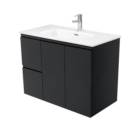 Fienza JOL90ZBL 900mm Joli Fingerpull Wall-Hung Vanity Left Drawers Satin Black - Vanity Units
