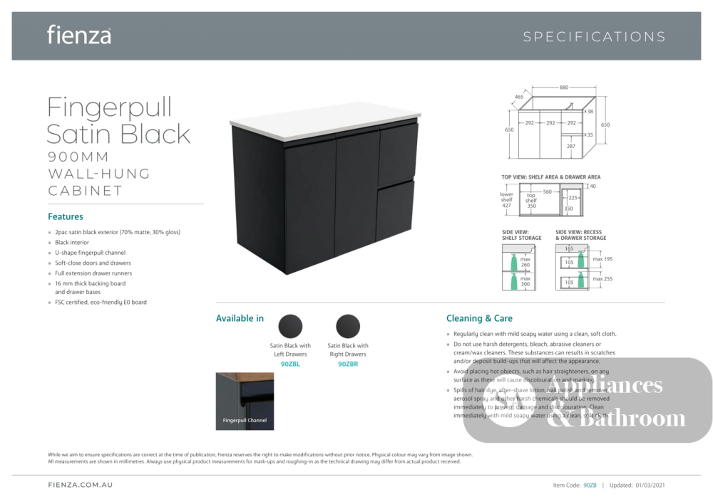 Fienza JOL90ZBL 900mm Joli Fingerpull Wall-Hung Vanity Left Drawers Satin Black - Vanity Units
