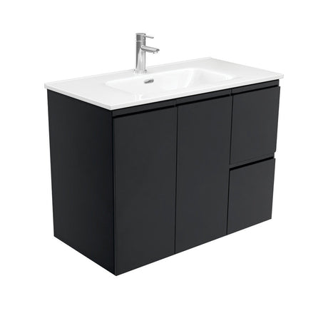 Fienza JOL90ZBR 900mm Joli Fingerpull Wall-Hung Vanity Right Drawers Satin Black - Vanity Units