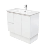 Fienza JOL90ZKL Joli 900mm Fingerpull Vanity on Kickboard Left Drawers Satin White - Vanity Units
