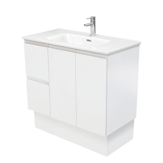 Fienza JOL90ZKL Joli 900mm Fingerpull Vanity on Kickboard Left Drawers Satin White - Vanity Units