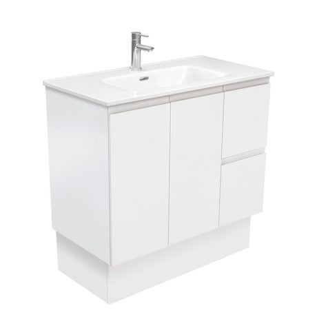 Fienza JOL90ZKR Joli 900mm Fingerpull Vanity on Kickboard Right Drawers Satin White - Vanity Units