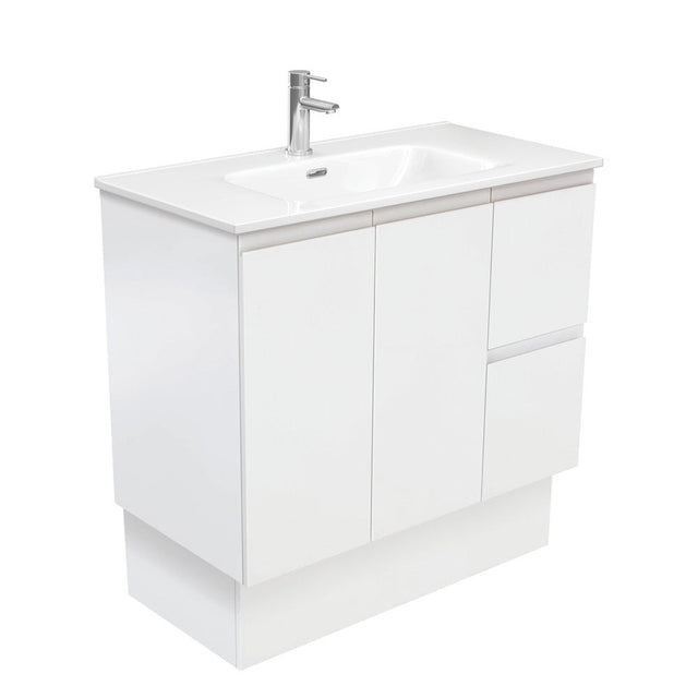 Fienza JOL90ZKR Joli 900mm Fingerpull Vanity on Kickboard Right Drawers Satin White - Vanity Units