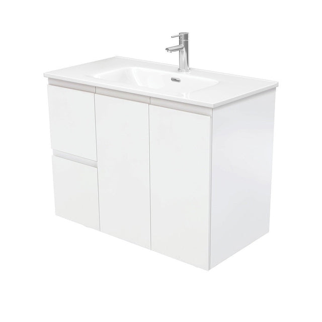 Fienza JOL90ZL Joli 900mm Fingerpull Wall-Hung Vanity Left Drawers Satin White - Vanity Units