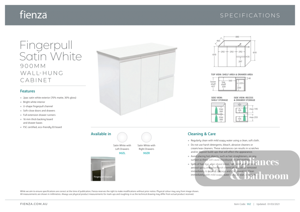 Fienza JOL90ZL Joli 900mm Fingerpull Wall-Hung Vanity Left Drawers Satin White - Vanity Units