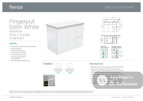 Fienza JOL90ZL Joli 900mm Fingerpull Wall-Hung Vanity Left Drawers Satin White - Vanity Units