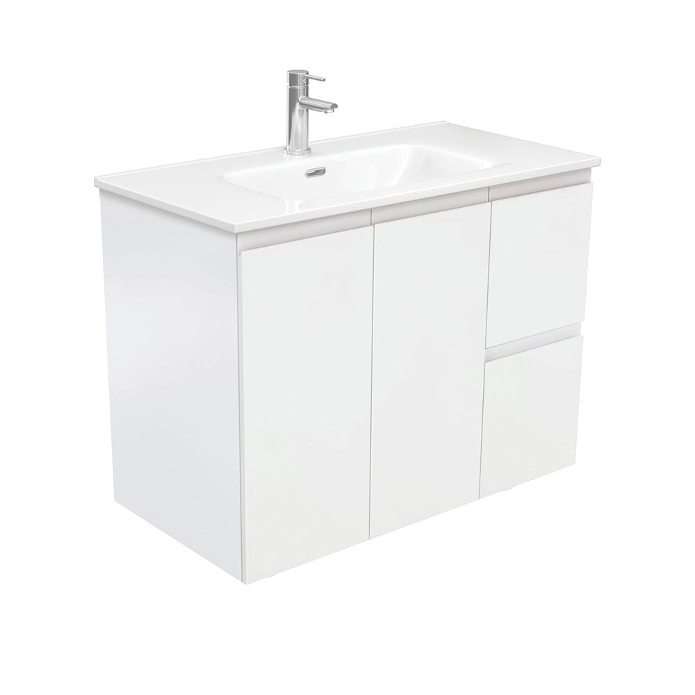Fienza JOL90ZR Joli 900mm Fingerpull Wall-Hung Vanity Right Drawers Satin White - Vanity Units
