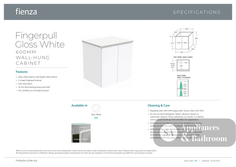 Fienza Joli Edge JOL60F 600mm Gloss White Wall Hung Vanity - Vanity Units
