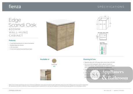 Fienza Joli Edge JOL60S 600mm Scandi Oak Wall Hung Vanity - Vanity Units