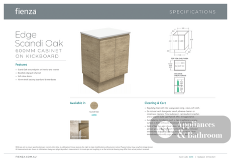 Fienza Joli Edge JOL60SK-3 (3 Taphole) 600mm Scandi Oak Vanity On Kickboard - Vanity Units