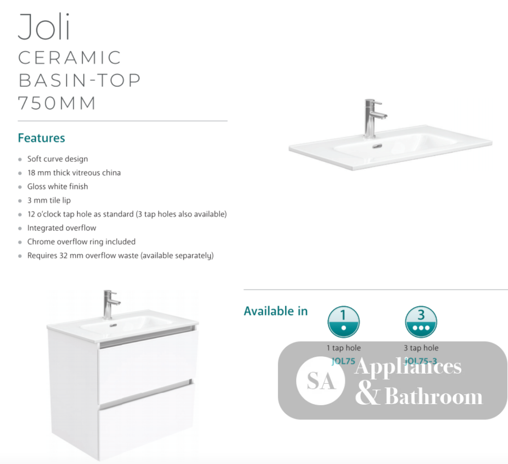Fienza Joli Jol75T 750Mm Hampton White Wall Hung Vanity Unit - Special Order Units