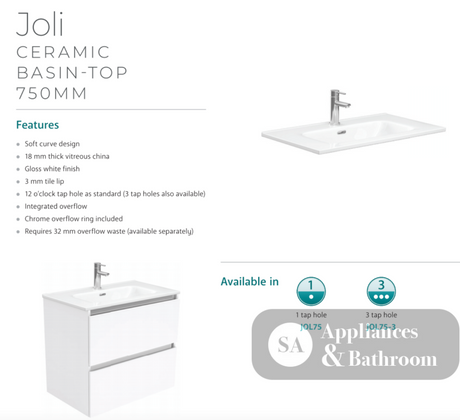 Fienza Joli Jol75T 750Mm Hampton White Wall Hung Vanity Unit - Special Order Units