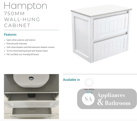 Fienza Joli Jol75T 750Mm Hampton White Wall Hung Vanity Unit - Special Order Units