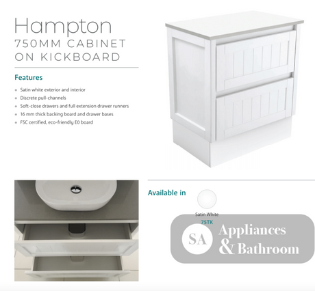 Fienza Joli Jol75Tk Hampton 750Mm White Vanity Unit On Kickboard - Special Order Units