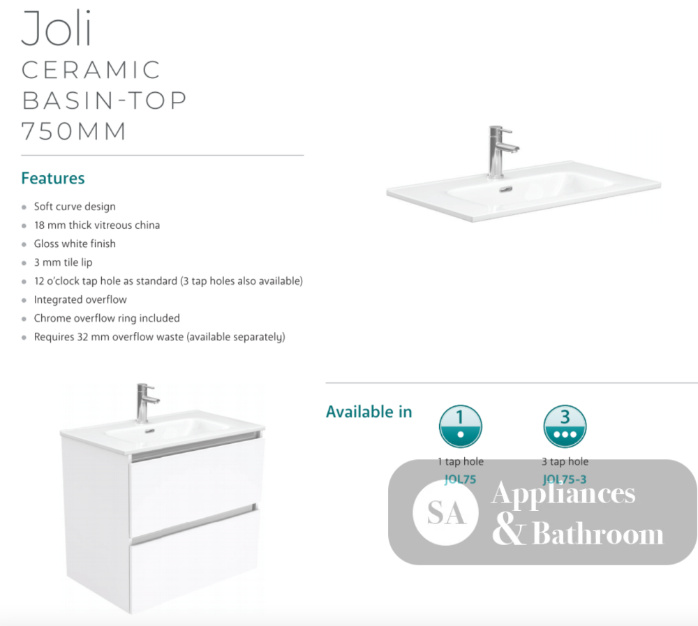 Fienza Joli Jol75Tk Hampton 750Mm White Vanity Unit On Kickboard - Special Order Units