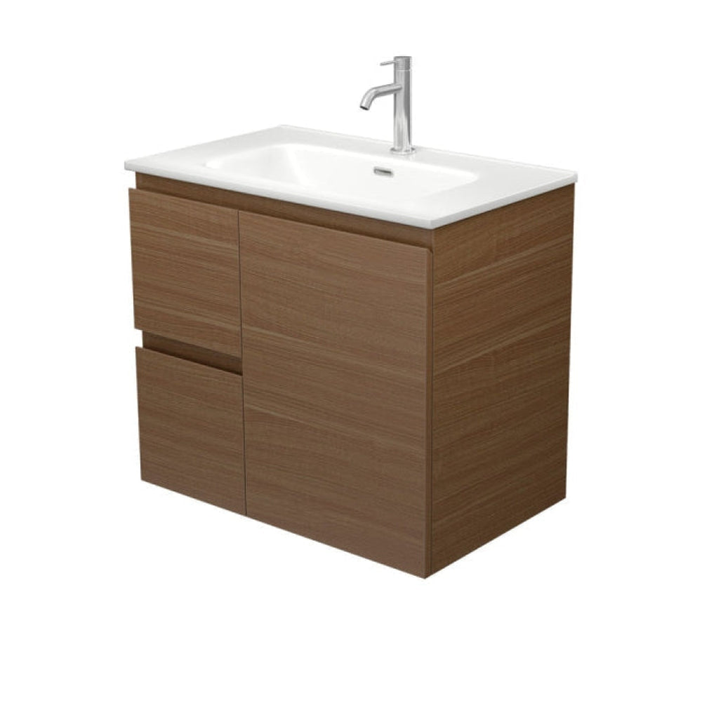Fienza JOLM75WAL Joli Matte Edge Walnut 750 Wall Hung Vanity Left Drawers
